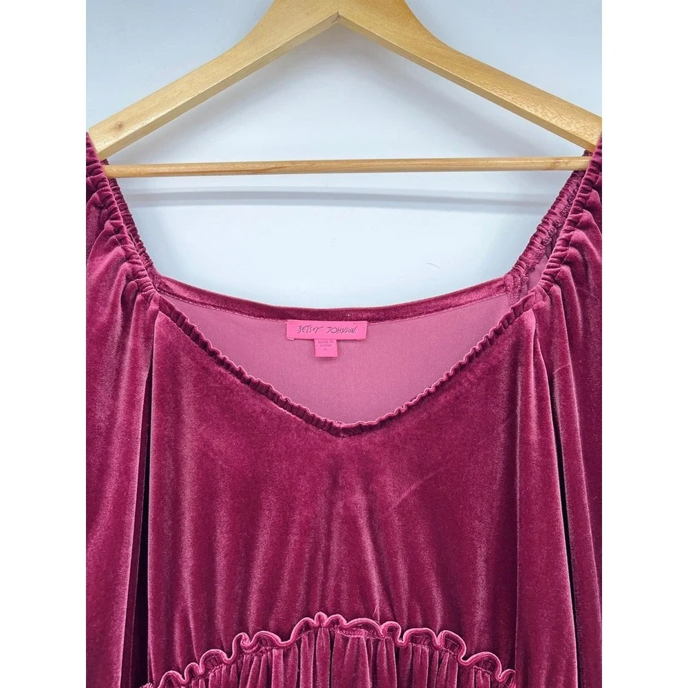 Betsey Johnson Burgundy Velvet Tiered Mini Dress Bishop Sleeve JL308559 Womens L - Picture 4 of 7